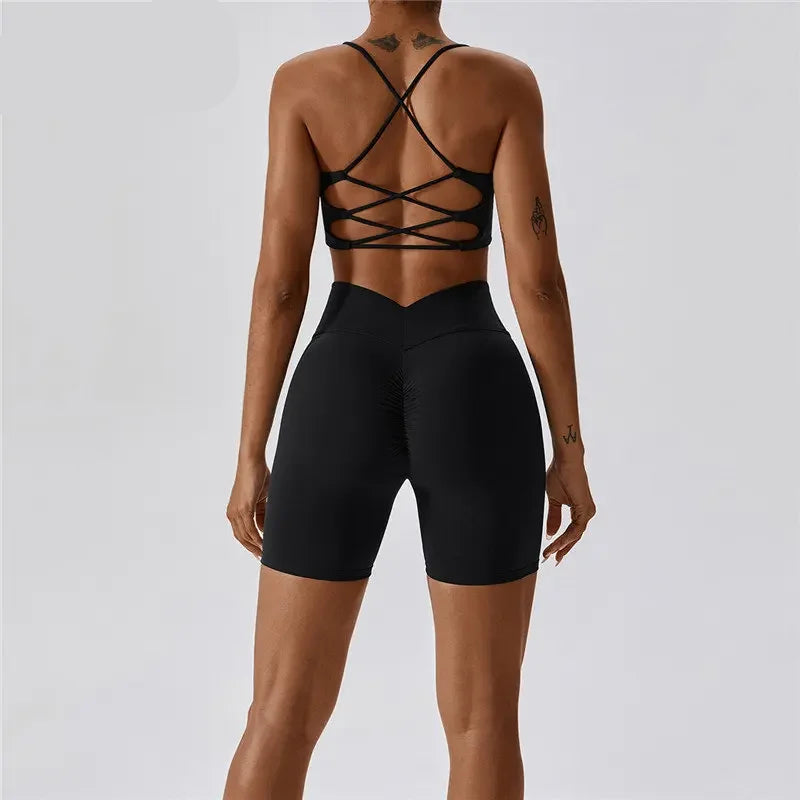 MyZyQg Women 2 Pcs Set Yoga Pilate Bra Beauty Back Cross Leggings Running Sports Underwear Quick Dry Tight Fitness Short Suit