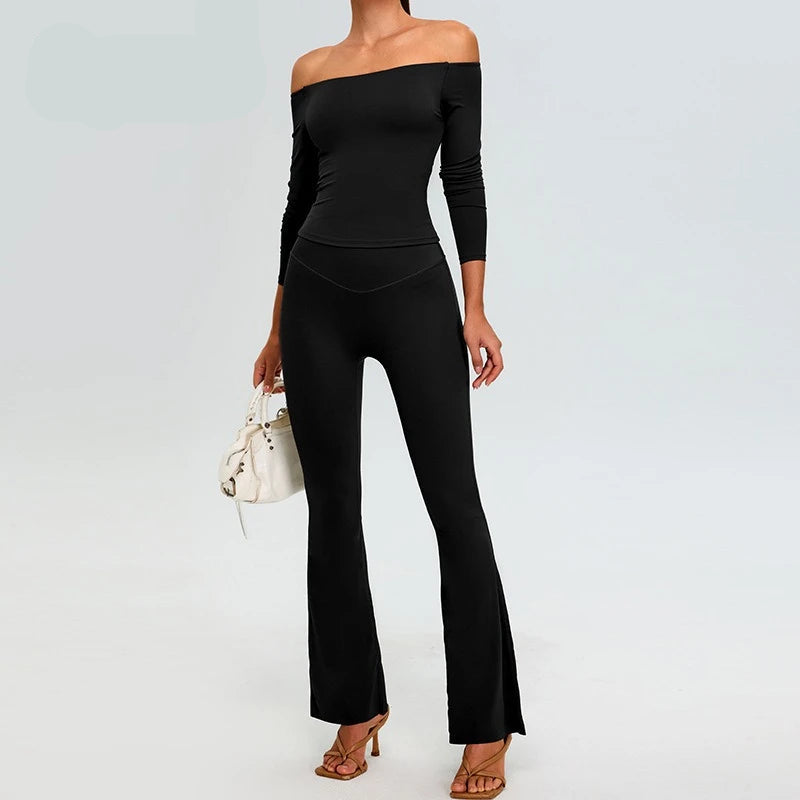 2 pcs New Women's Off-Shoulder Slim-Fit  Sleeve Yoga Set