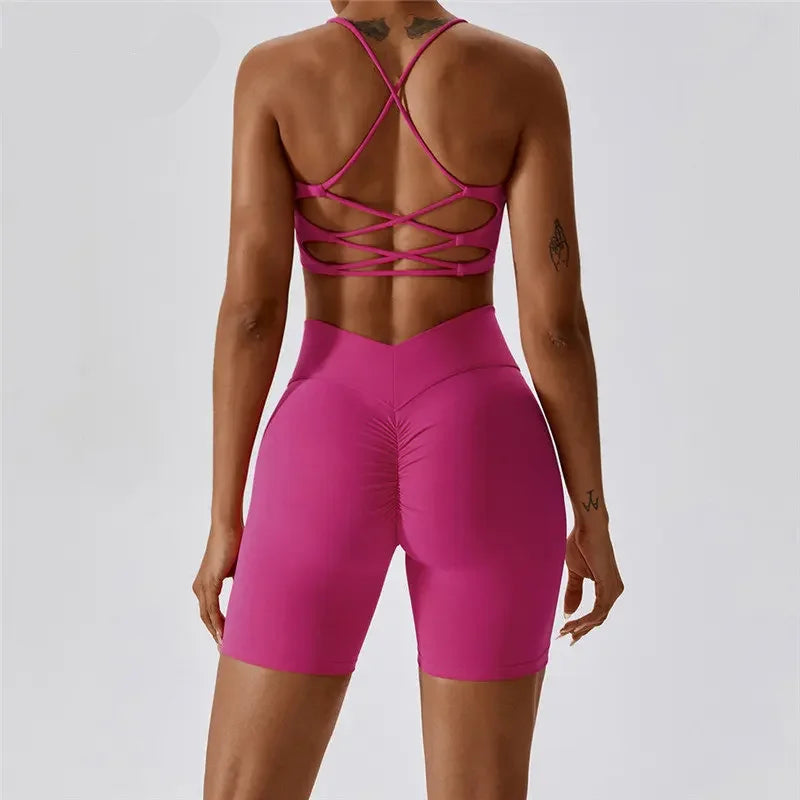 MyZyQg Women 2 Pcs Set Yoga Pilate Bra Beauty Back Cross Leggings Running Sports Underwear Quick Dry Tight Fitness Short Suit