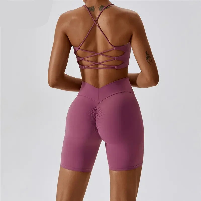 MyZyQg Women 2 Pcs Set Yoga Pilate Bra Beauty Back Cross Leggings Running Sports Underwear Quick Dry Tight Fitness Short Suit