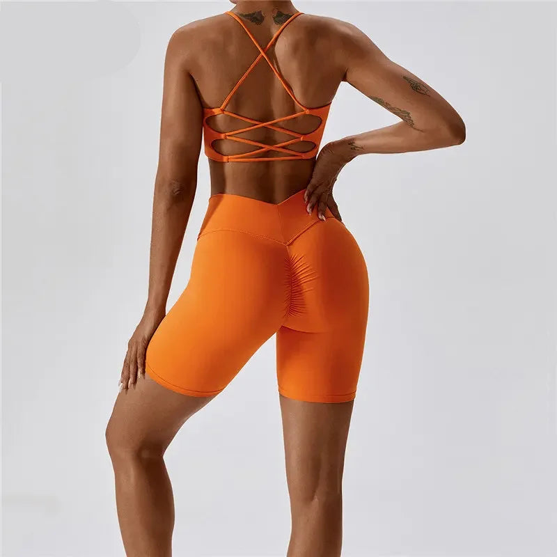 MyZyQg Women 2 Pcs Set Yoga Pilate Bra Beauty Back Cross Leggings Running Sports Underwear Quick Dry Tight Fitness Short Suit