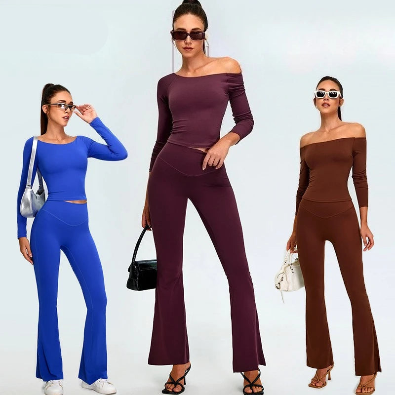 2 pcs New Women's Off-Shoulder Slim-Fit  Sleeve Yoga Set